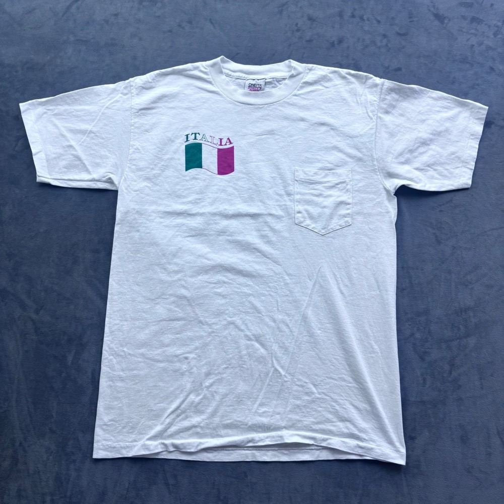 Vintage Oneita Power-T Italia Flag Pocket T-Shirt White XL Made in USA 90s